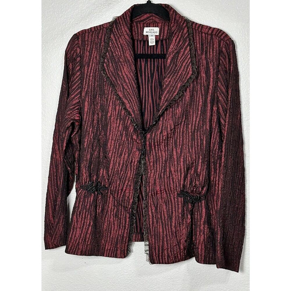 Gail Morgado Women’s Accordion Crinkle Style Maroon Black Jacket Ruffle Medium